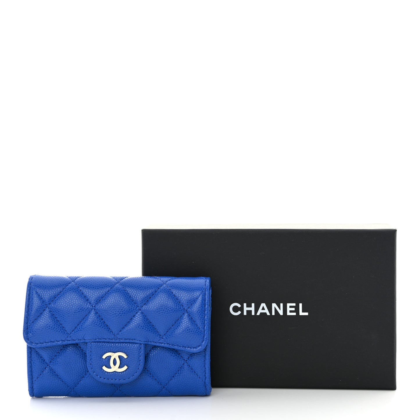 Caviar Quilted Flap Card Holder Wallet Blue