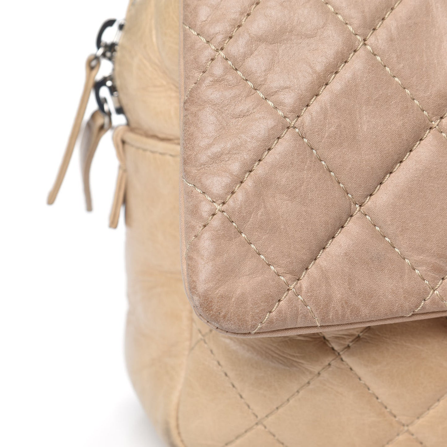 Iridescent Glazed Calfskin Quilted Casual Journey Flap Beige