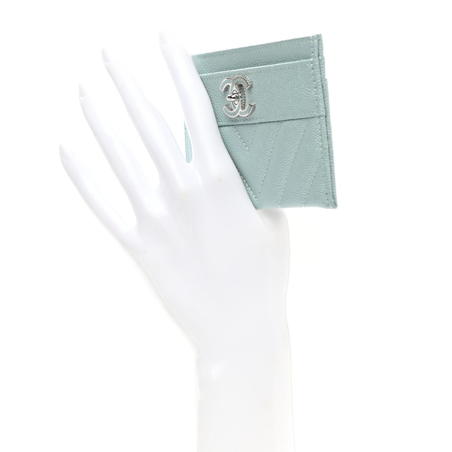 Metallic Caviar Chevron Quilted Vintage Mademoiselle Card Holder Light Blue