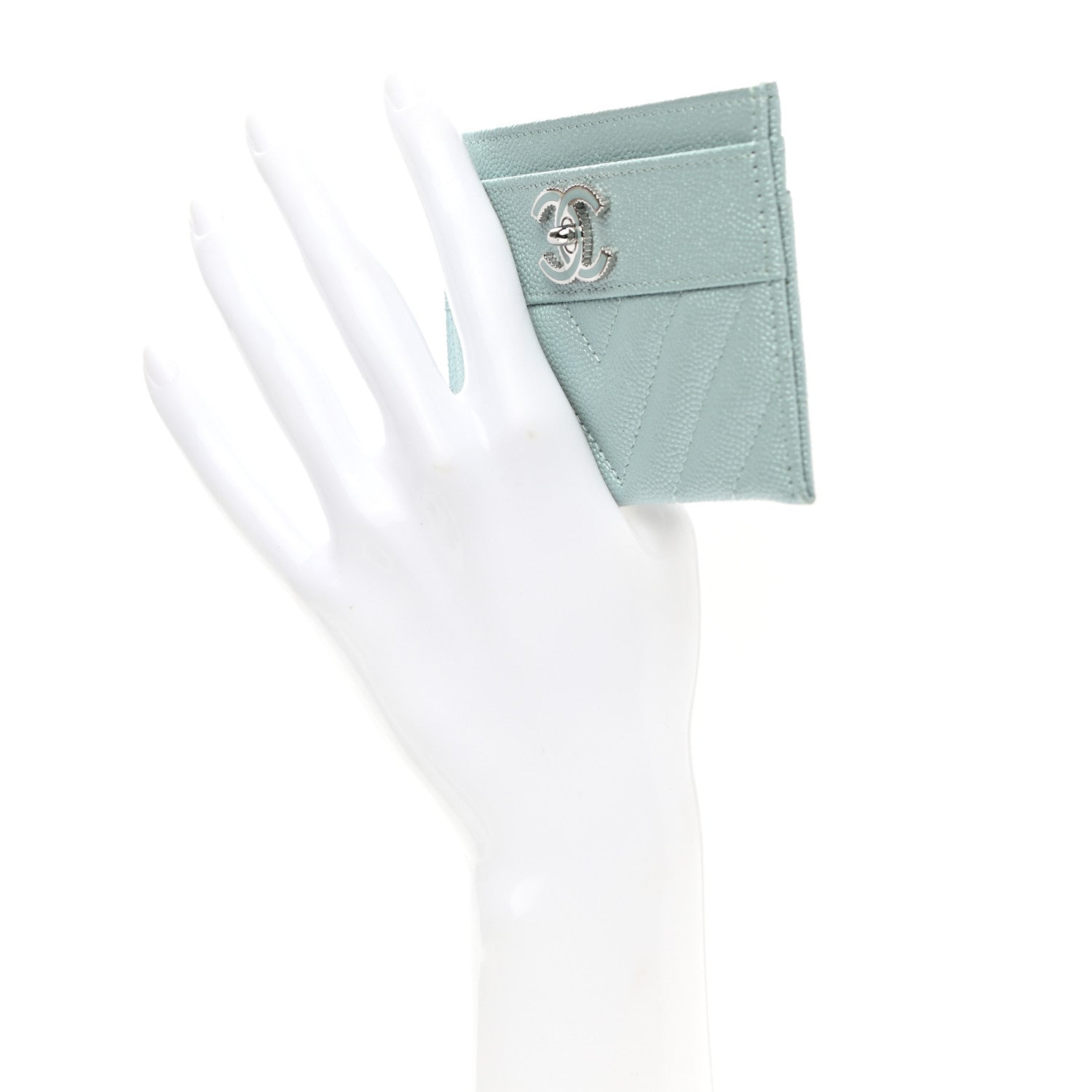 Chanel Metallic Caviar Chevron Quilted Vintage Mademoiselle Card Holder Light Blue 2 of 9