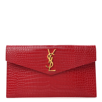 Saint Laurent Calfskin Crocodile Embossed Uptown Monogram Clutch Rouge Eros 1 of 7