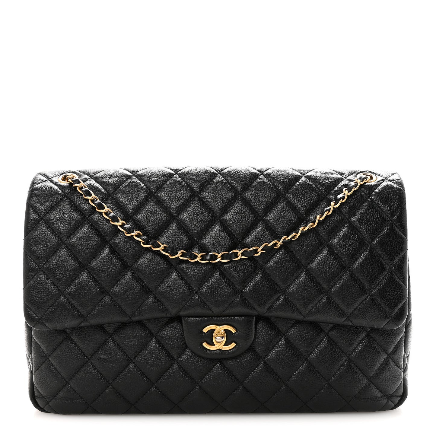 Grained Calfskin Quilted XXL Travel Flap Bag Black