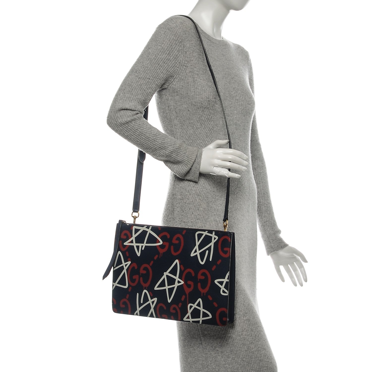 Gucci Calfskin GucciGhost Print GG Messenger Bag Blue Agata Hibiscus Red 2 of 9