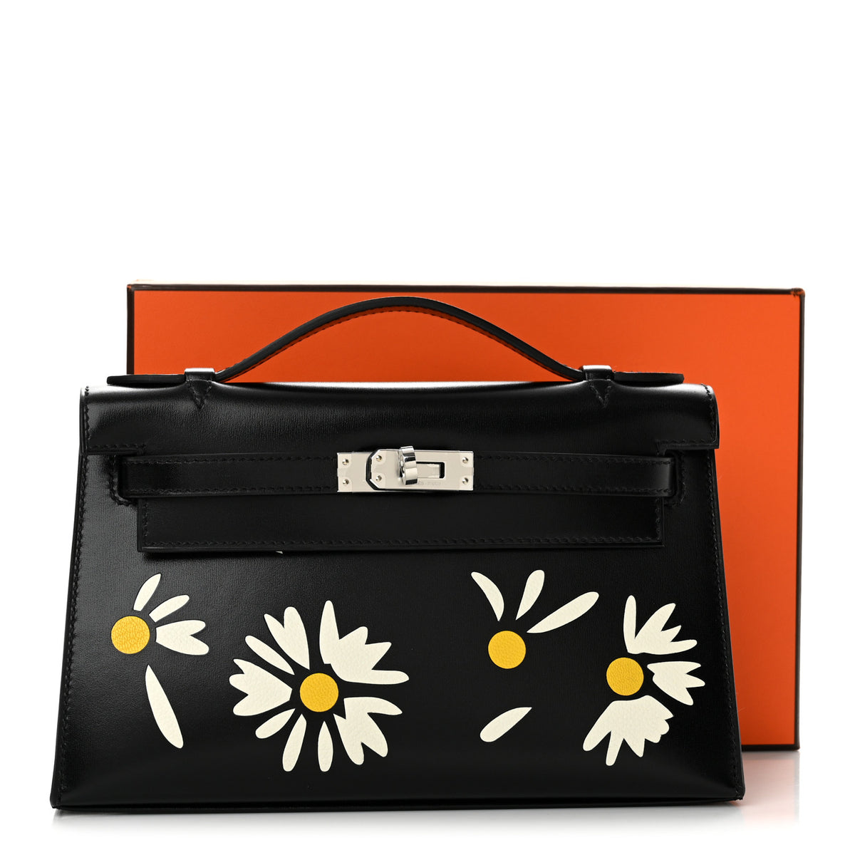 Hermes Box Marquetry Daisies Kelly Pochette Clutch Black White Jaune De Naples 10 of 10