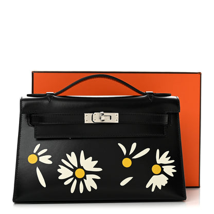 Hermes Box Marquetry Daisies Kelly Pochette Clutch Black White Jaune De Naples 10 of 10