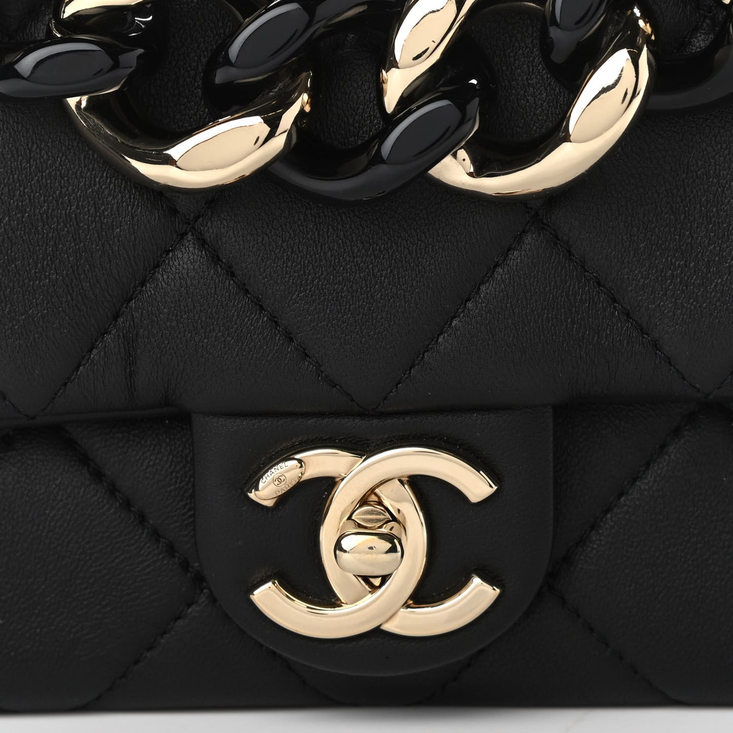 Lambskin Quilted Resin Bi-Color Chain Flap Bag Black