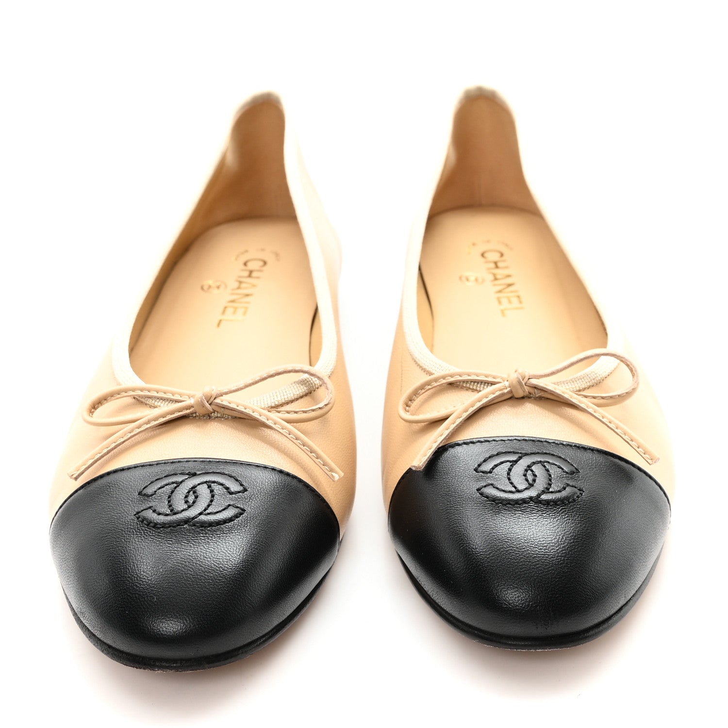 Chanel Lambskin Cap Toe CC Ballerina Flats 41.5 Beige Black 3 of 10