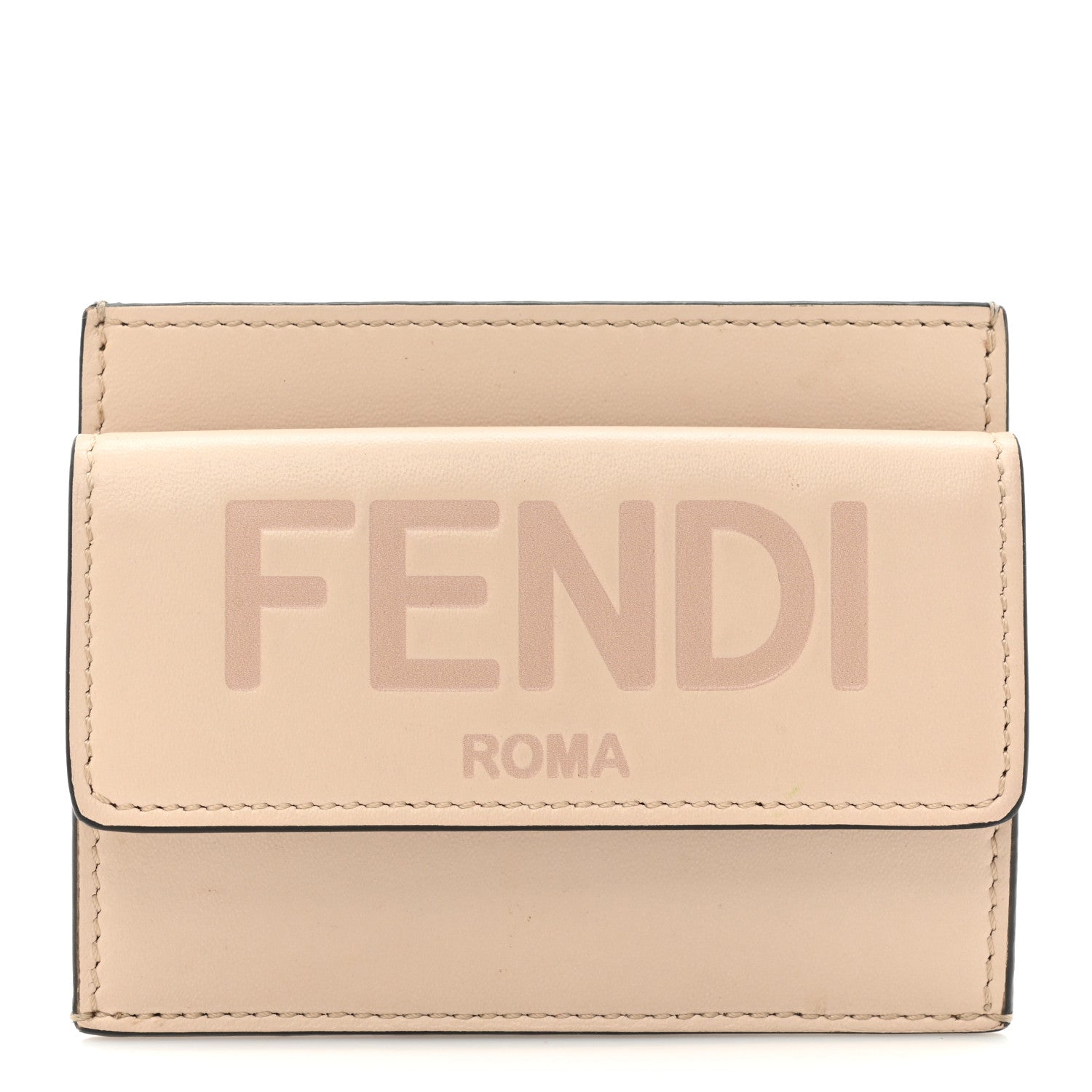 Fendi Vitello King Tamponato Logo Embossed Fold Over Card Holder Wallet Poudre 1 of 13