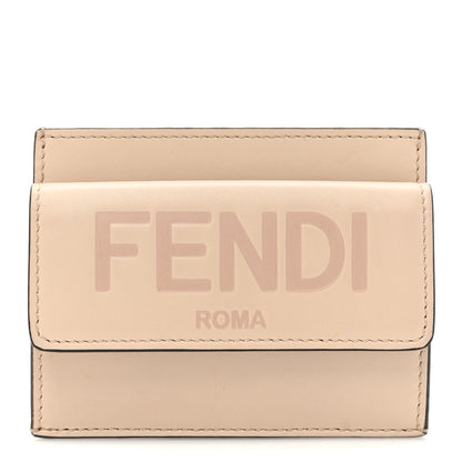 Fendi Vitello King Tamponato Logo Embossed Fold Over Card Holder Wallet Poudre 1 of 13