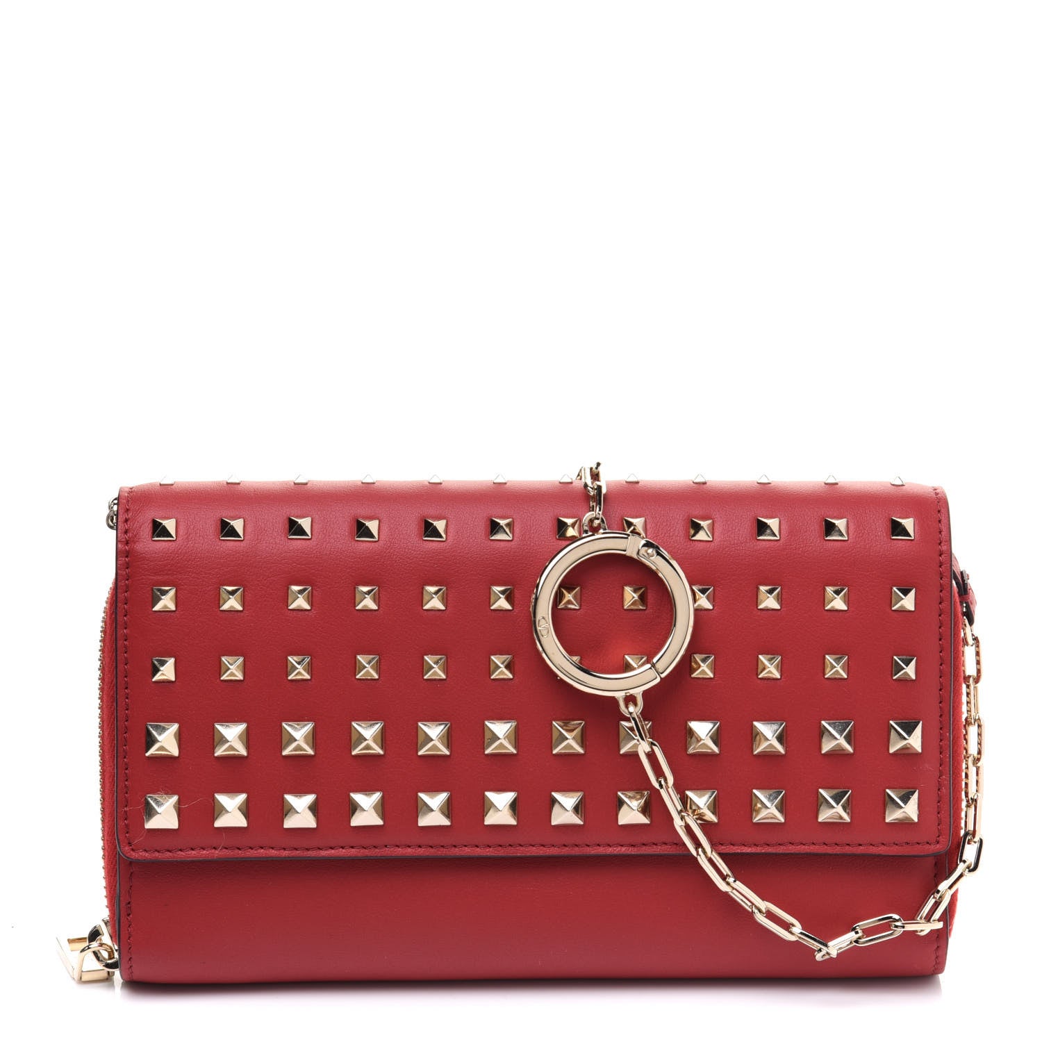 Valentino Garavani Vitello Rockstud Carry Secrets Continental Wallet On Chain Red 1 of 9