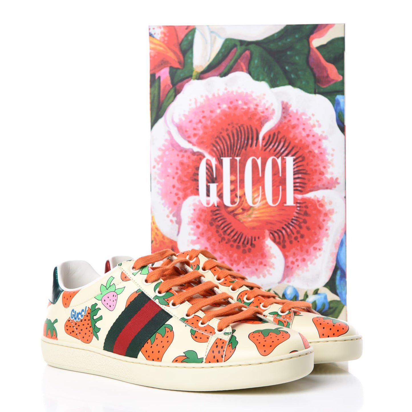 Calfskin Web Strawberry Print Womens Ace Sneakers 40 Ivory Red Green