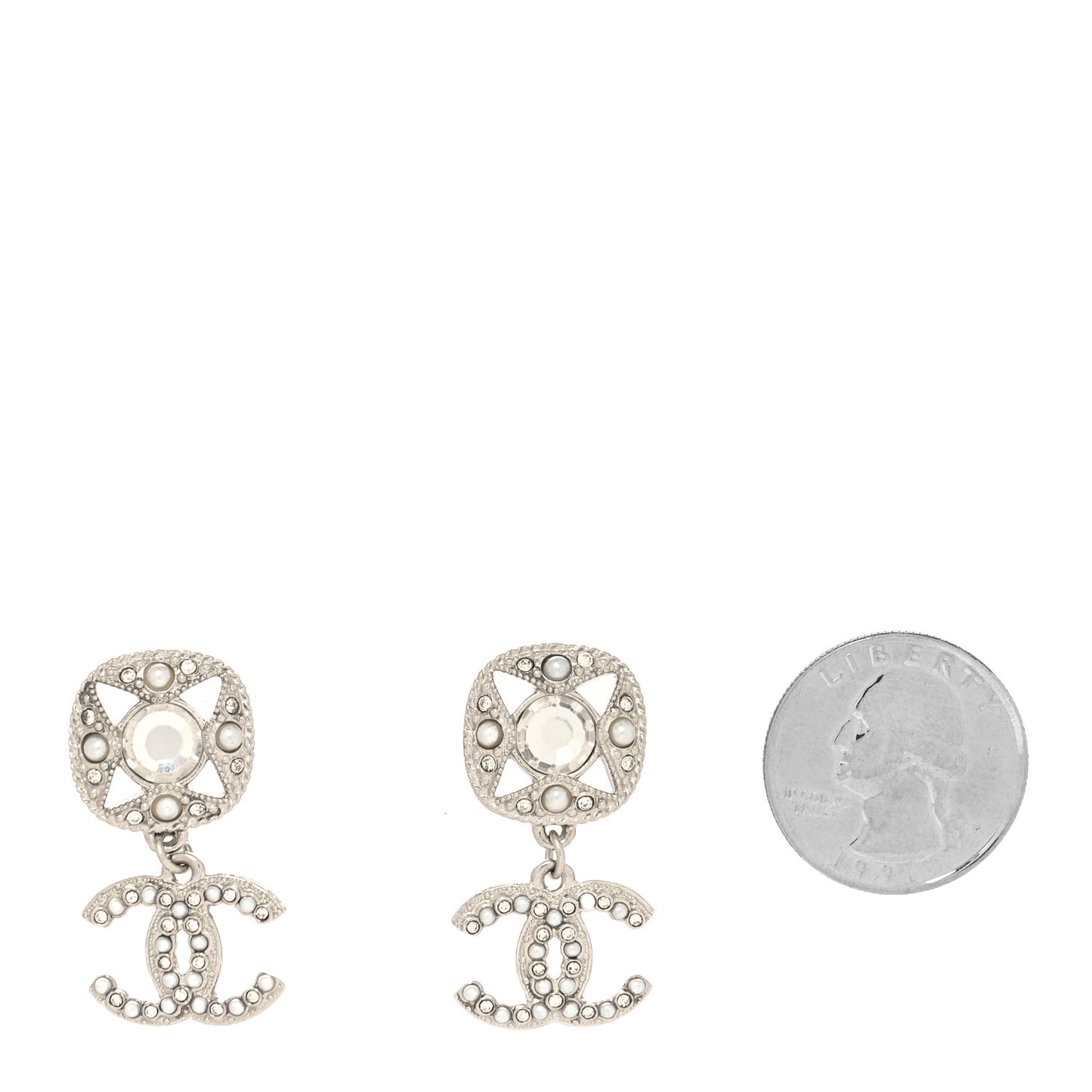 Crystal Pearl CC Drop Earrings Silver