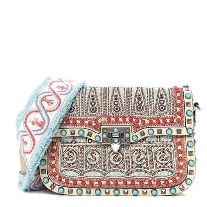 Valentino Garavani Calfskin Embroidered Medium Guitar Strap Rockstud Rolling Flap Saddle Bag 1 of 10