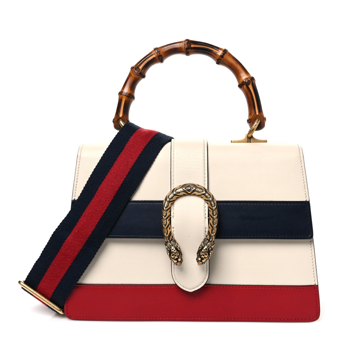 Calfskin Bamboo Web Medium Dionysus Top Handle Bag White Blue Hibiscus Red