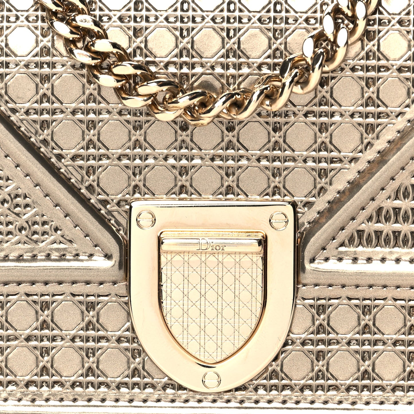 Metallic Patent Micro-Cannage Baby Diorama Flap Bag Gold