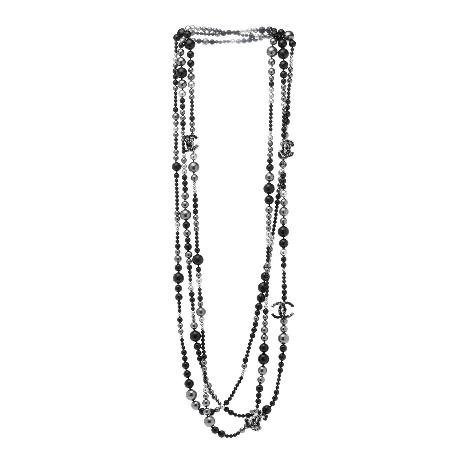 Chanel Resin Pearl Beaded CC Multi Strand Long Necklace Black Silver 3 of 7