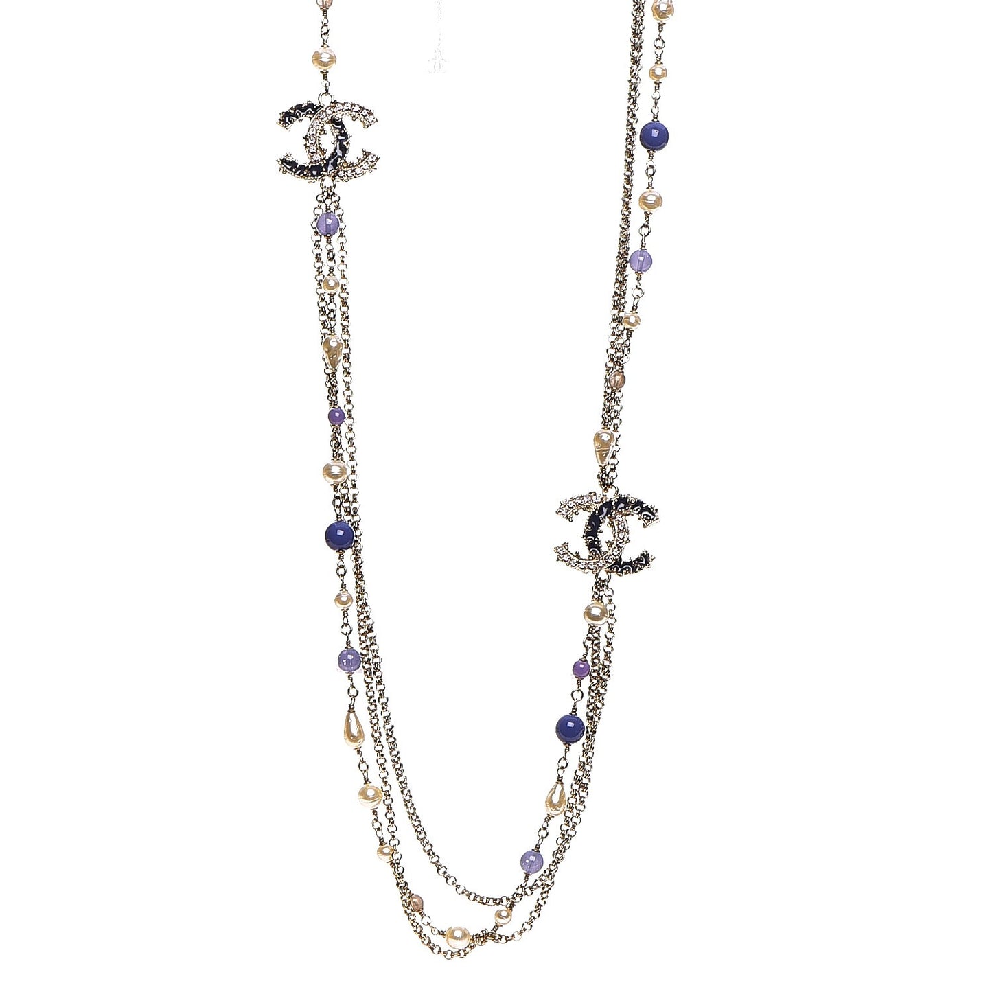 Pearl Beaded Enamel CC Long Necklace Gold Purple