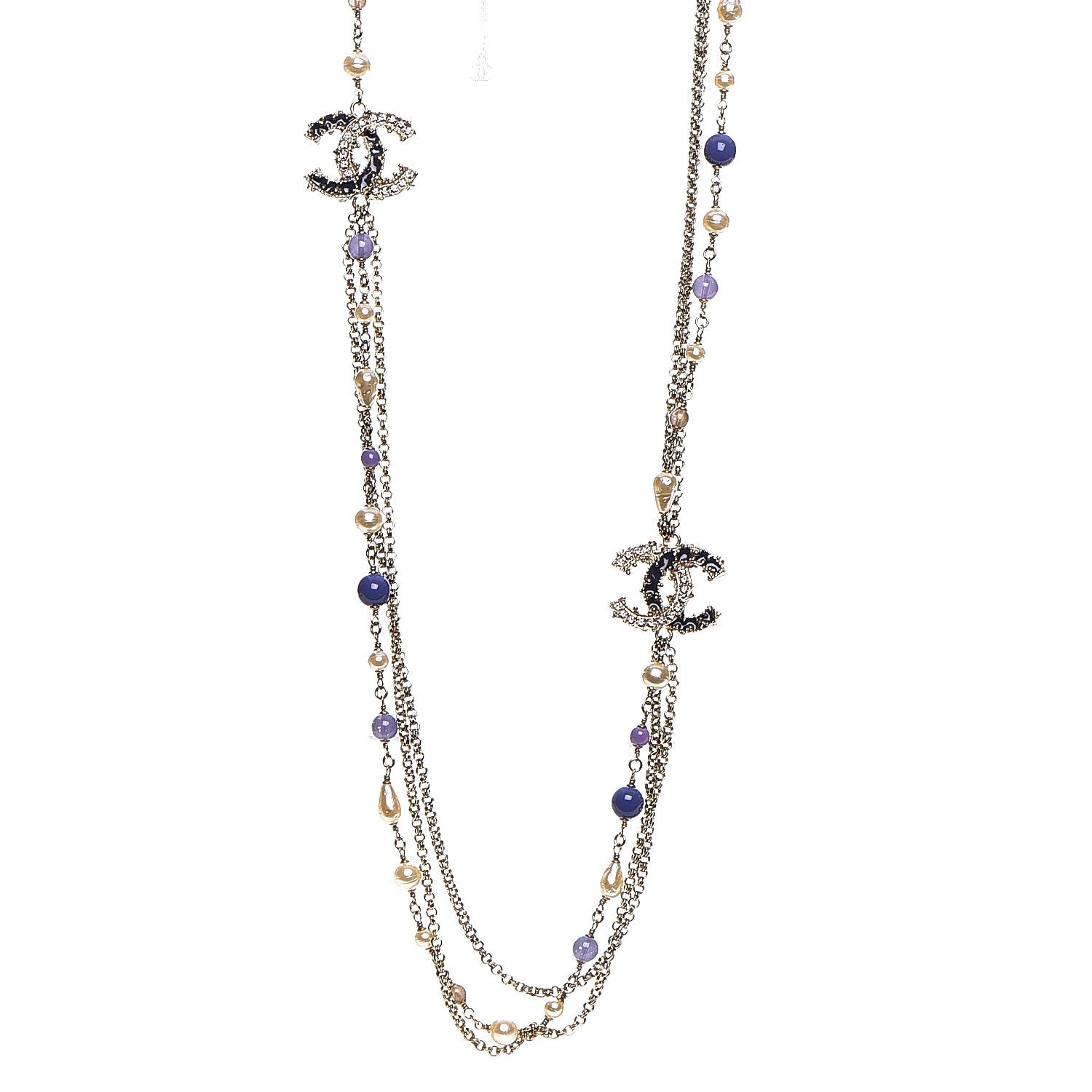 Chanel Pearl Beaded Enamel CC Long Necklace Gold Purple 1 of 7