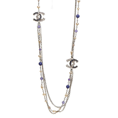 Chanel Pearl Beaded Enamel CC Long Necklace Gold Purple 1 of 7