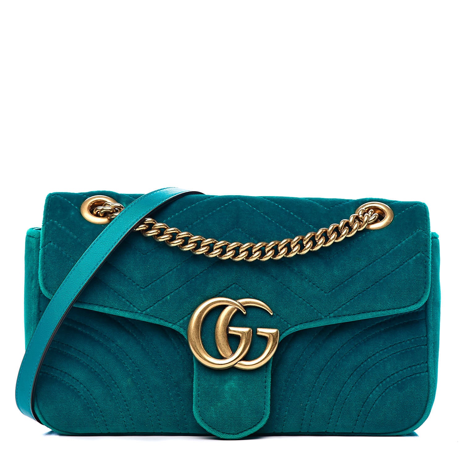 Gucci Velvet Matelasse Small GG Marmont Shoulder Bag Pavone Cyan 1 of 10