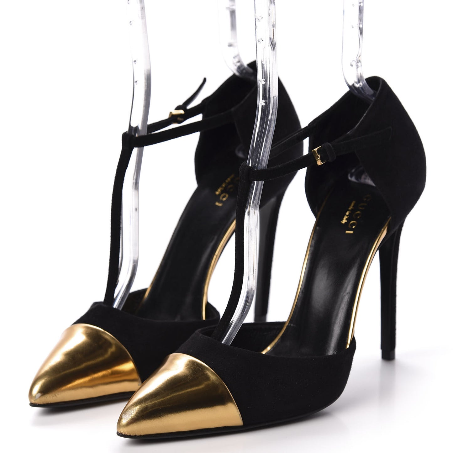 Suede Metallic Cap Toe T-Strap Coline Pumps 38.5 Black Gold
