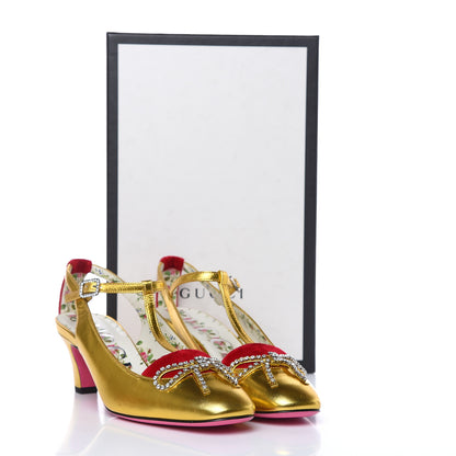 Gucci Metallic Nappa Velvet Crystal Bow Anita Pumps 38 Oro Hibiscus Red 8 of 8