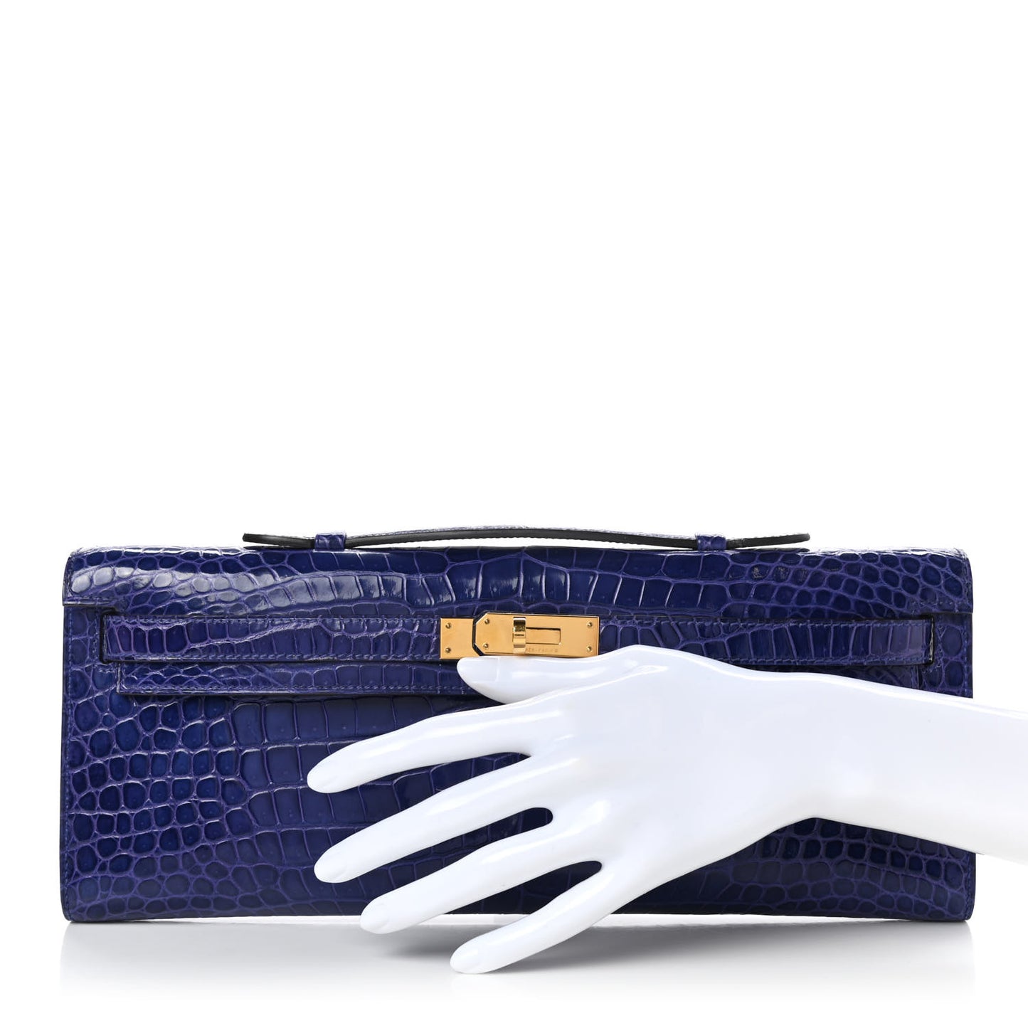 Shiny Porosus Crocodile Kelly Cut Pochette Bleu Electrique