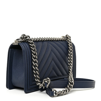 Chanel Caviar Chevron Quilted Medium Boy Flap Navy 1 of 12