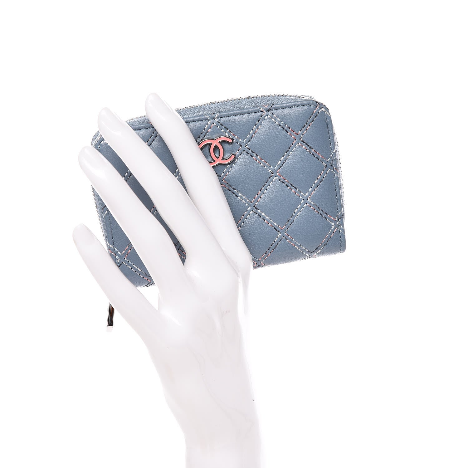 Chanel Lambskin Double Quilted Stitch Zip Coin Purse Light Blue 3 of 7