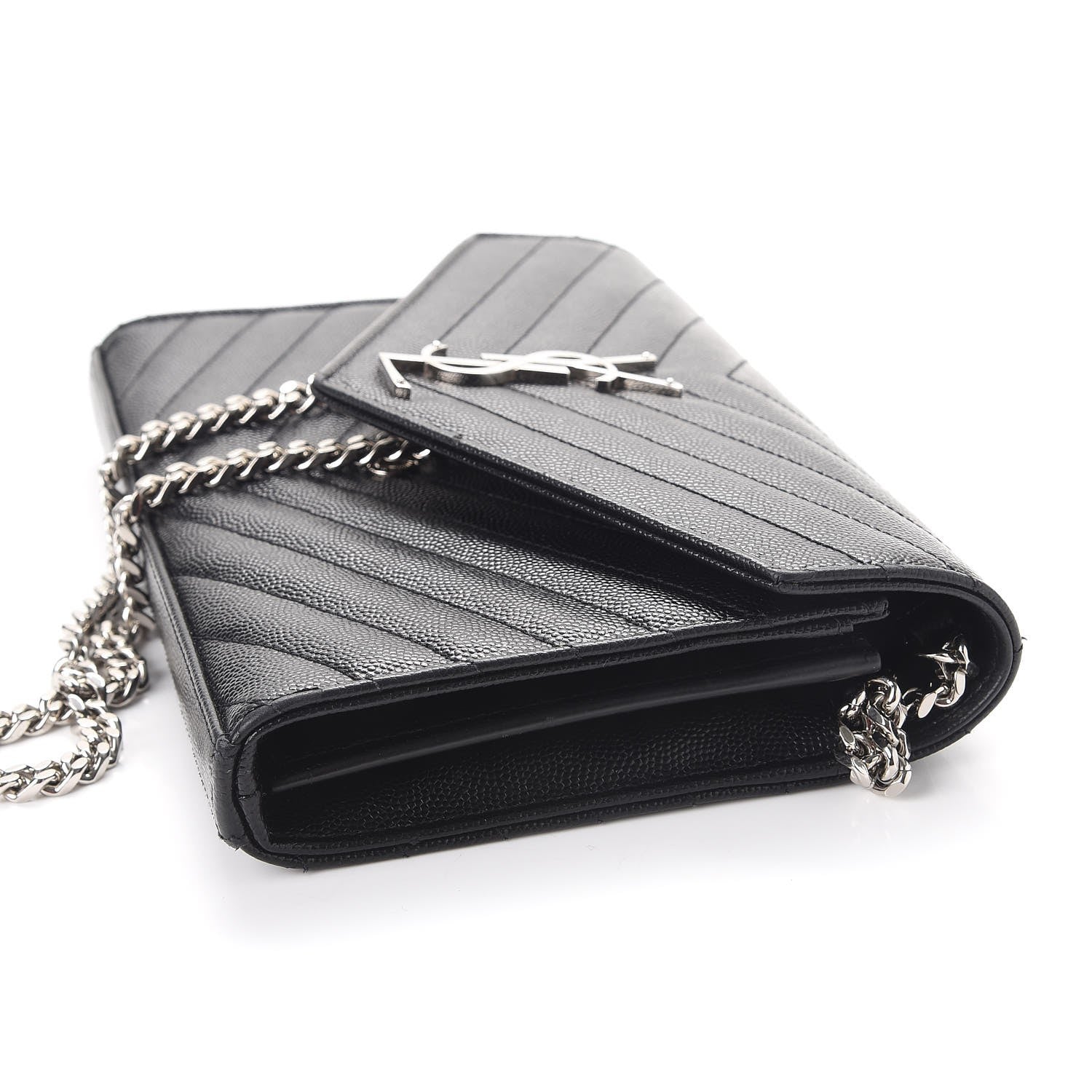 Saint Laurent Grain De Poudre Matelasse Chevron Monogram Chain Wallet Black 10 of 12