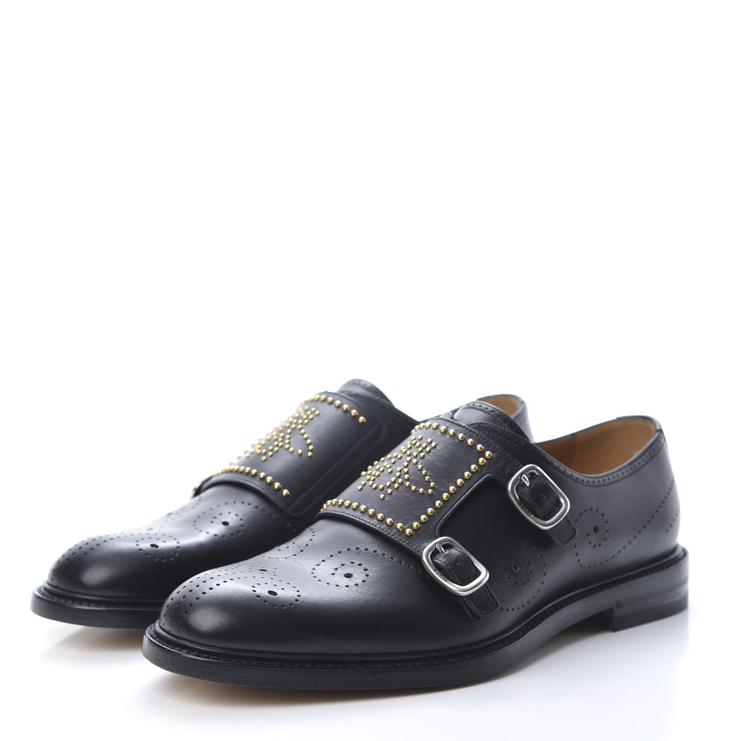 Calfskin Perforated Studded Mens Medallion Toe Double Monk Strap Loafers 8 Black