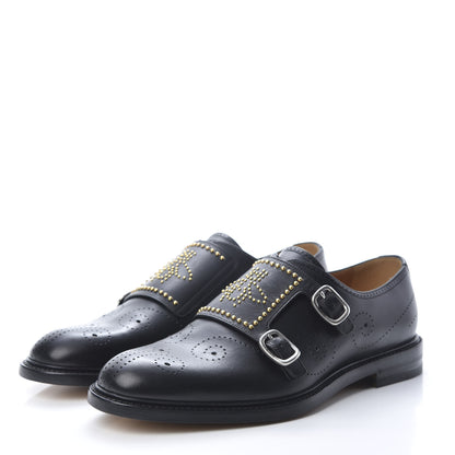 Gucci Calfskin Perforated Studded Mens Medallion Toe Double Monk Strap Loafers 8 Black 3 of 9