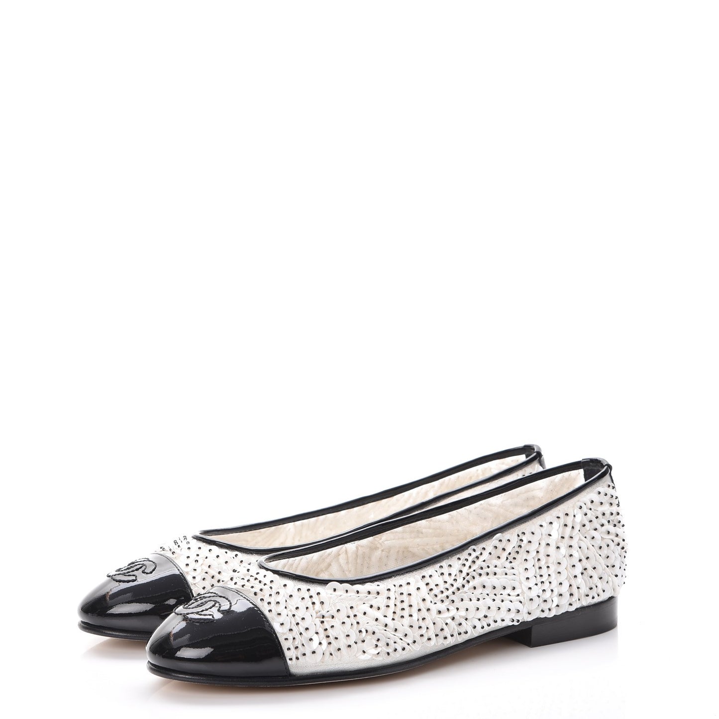 Patent Calfskin Sequin Embroidered Cap Toe Ballerina Flats 36 White Black