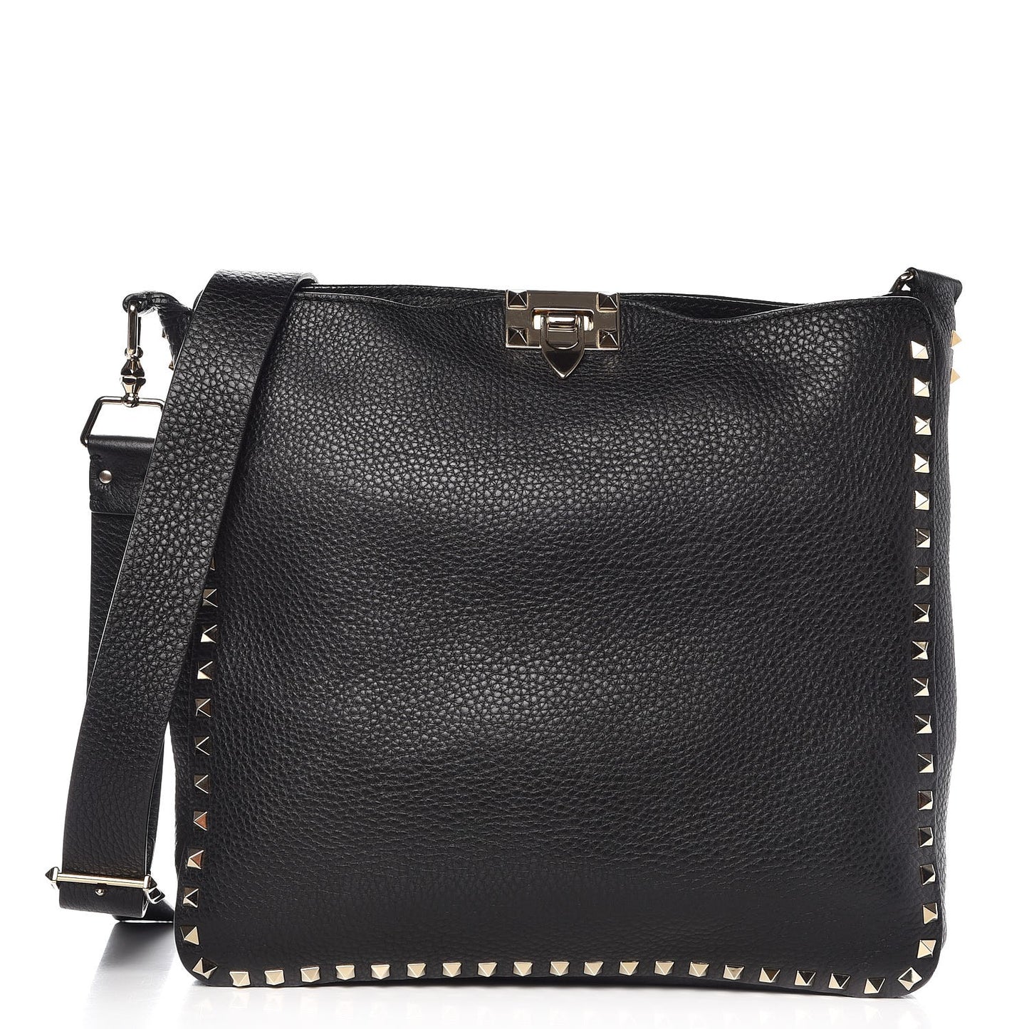 Pebbled Calfskin Large Rockstud Flip-Lock Messenger Bag Black