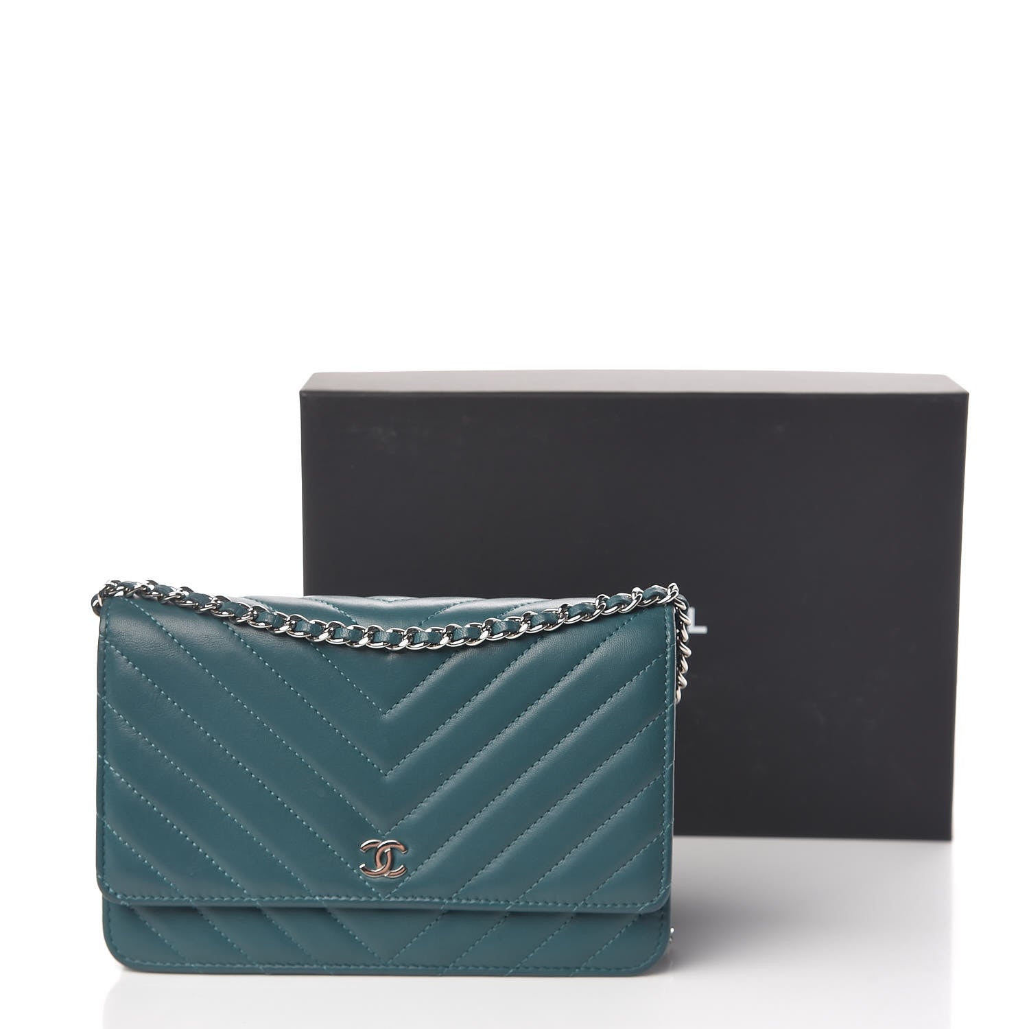 Chanel Lambskin Chevron Quilted Wallet On Chain WOC Blue 15 of 15