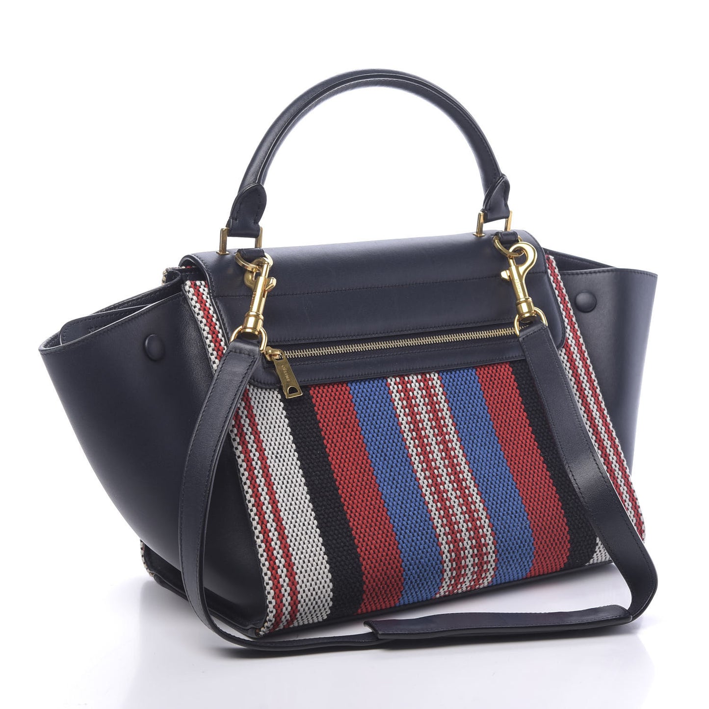 Smooth Calfskin Textile Striped Medium Trapeze Navy Blue