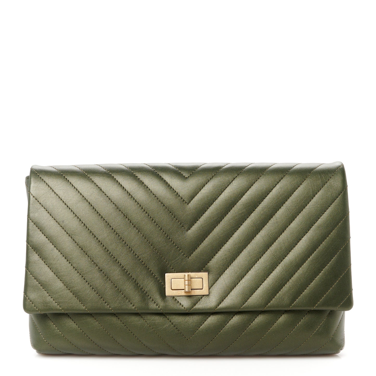 Metallic Aged Calfskin Chevron Quilted Reissue 2.55 Clutch Green