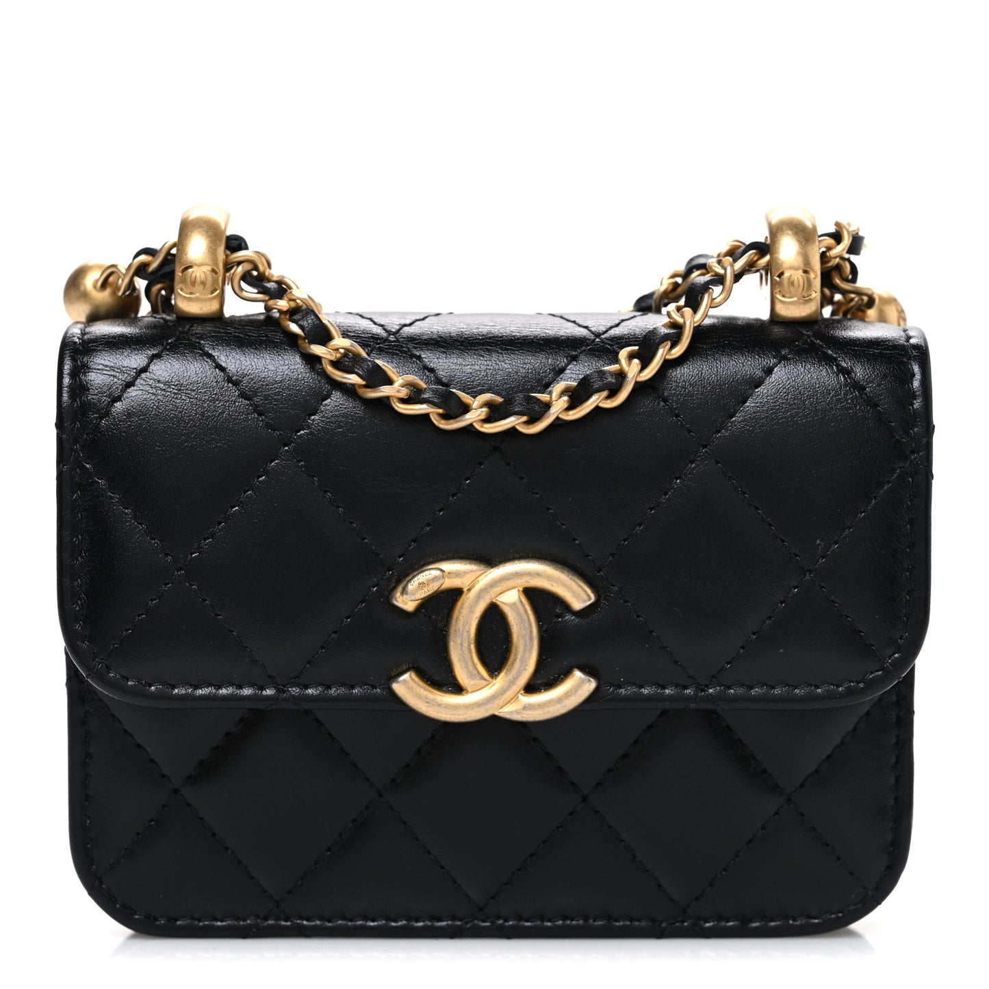 Calfskin Quilted Perfect Fit Coin Purse With Chain Black