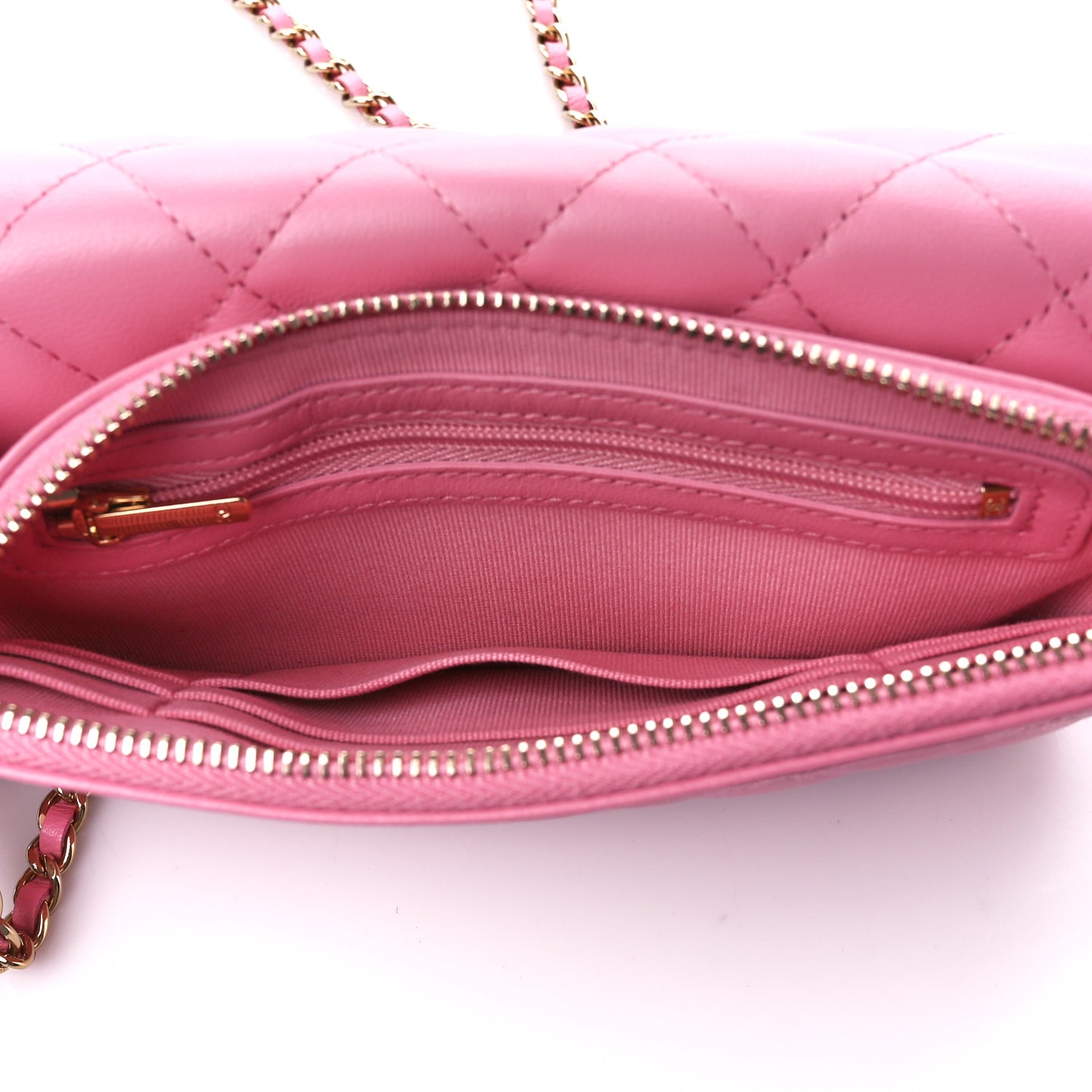 Lambskin Quilted Flap Phone Holder With Chain Pink