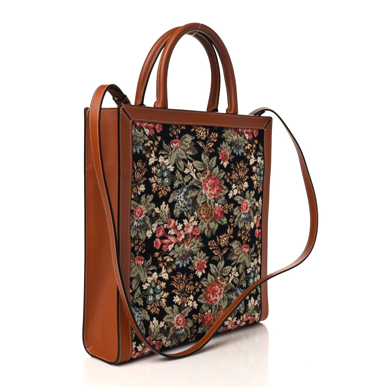 Celine Canvas Calfskin Jacquard Floral Small Vertical Cabas Black Tan 3 of 6