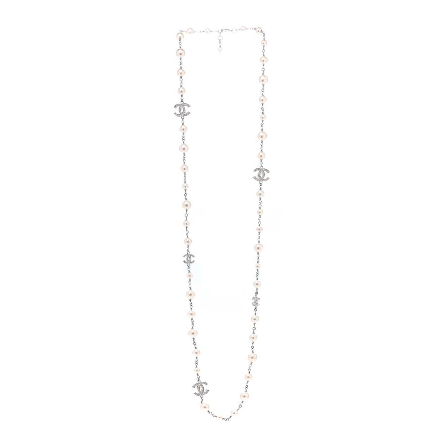 Graduated Pearl Crystal CC Long Necklace Silver