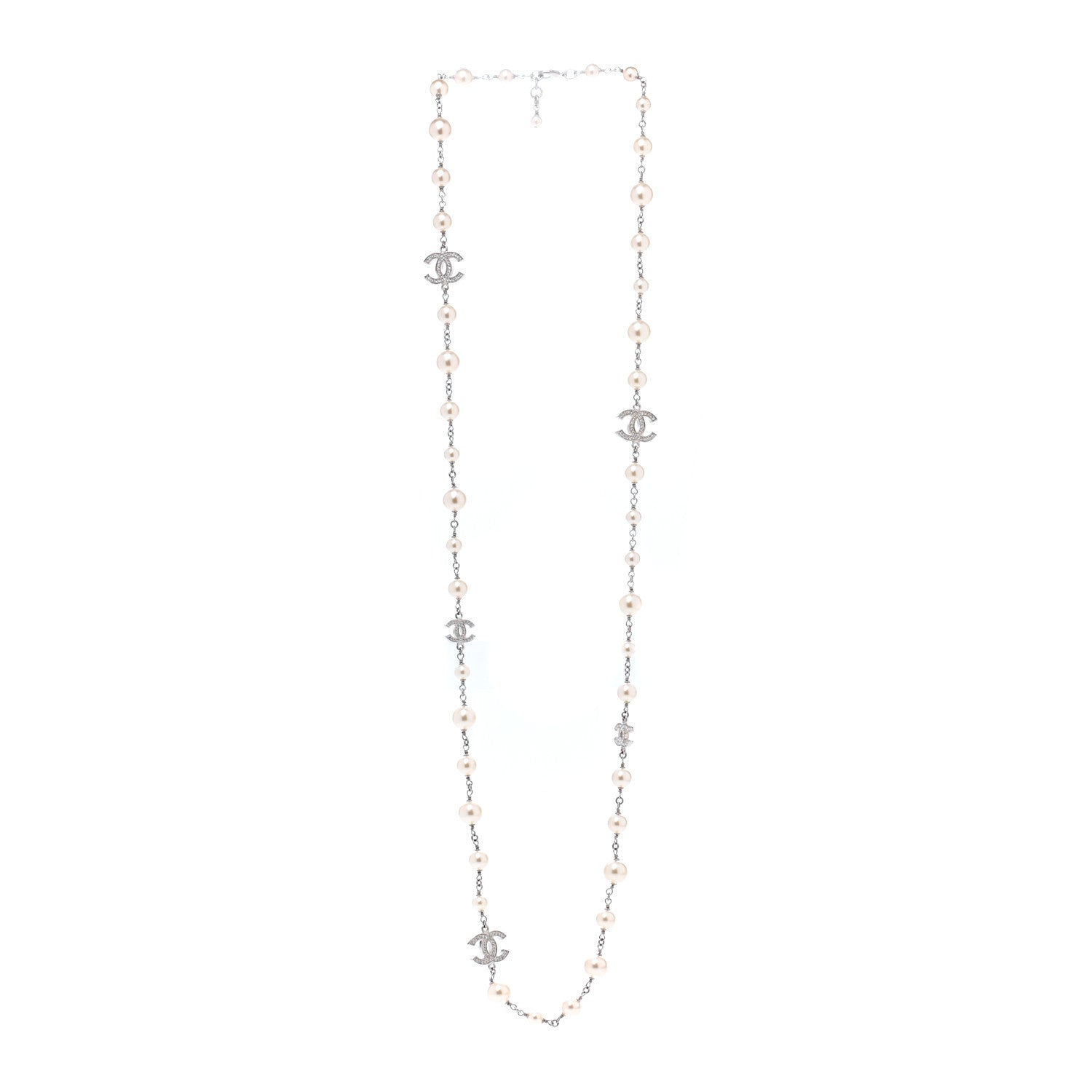 Chanel Graduated Pearl Crystal CC Long Necklace Silver 3 of 7