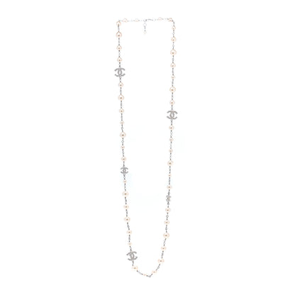 Chanel Graduated Pearl Crystal CC Long Necklace Silver 3 of 7
