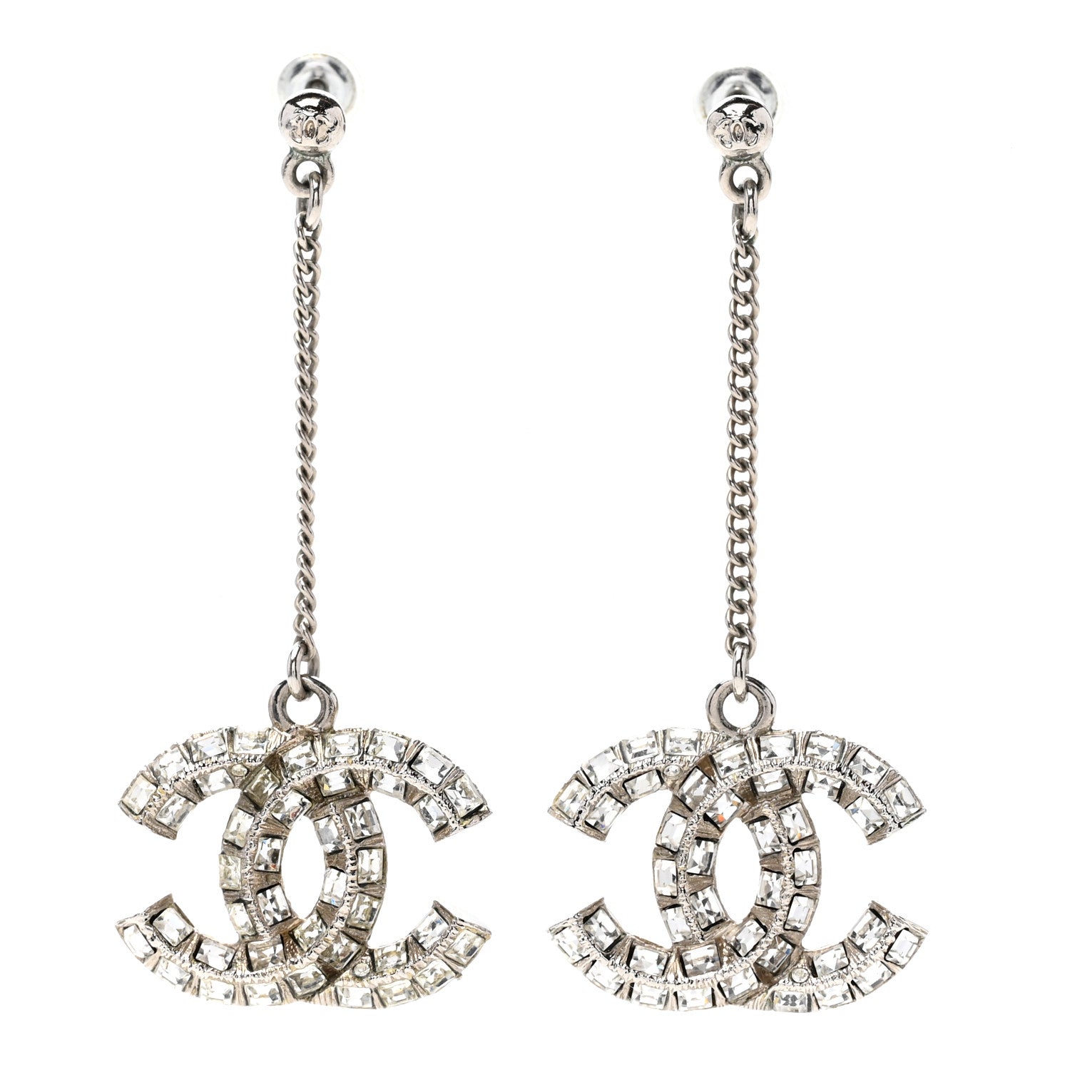 Chanel Baguette Crystal CC Drop Earrings Silver 1 of 4