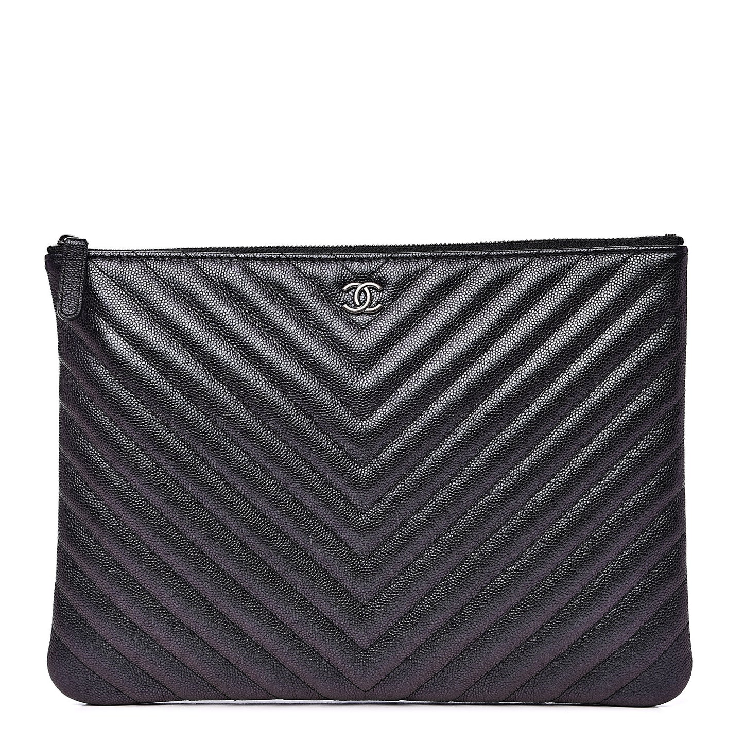 Iridescent Caviar Chevron Quilted Medium Cosmetic Case Black