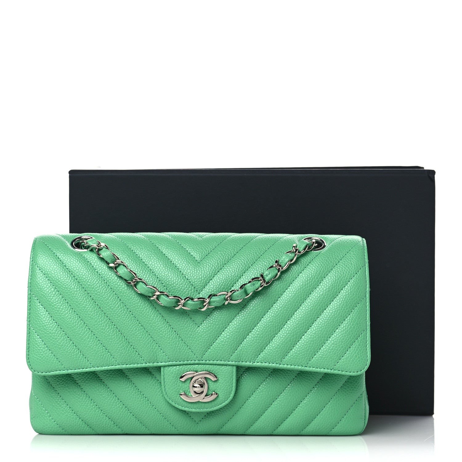 Chanel Caviar Chevron Quilted Medium Double Flap Green 9 of 9