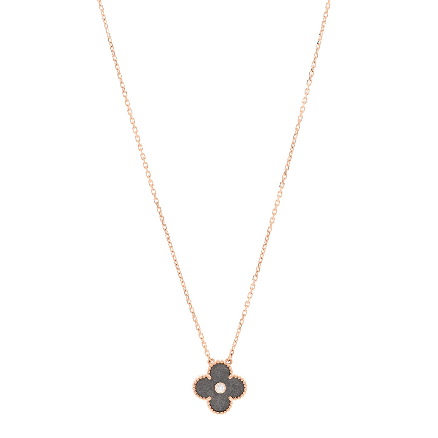 18K Rose Gold Diamond Silver Obsidian Vintage Alhambra Pendant Necklace