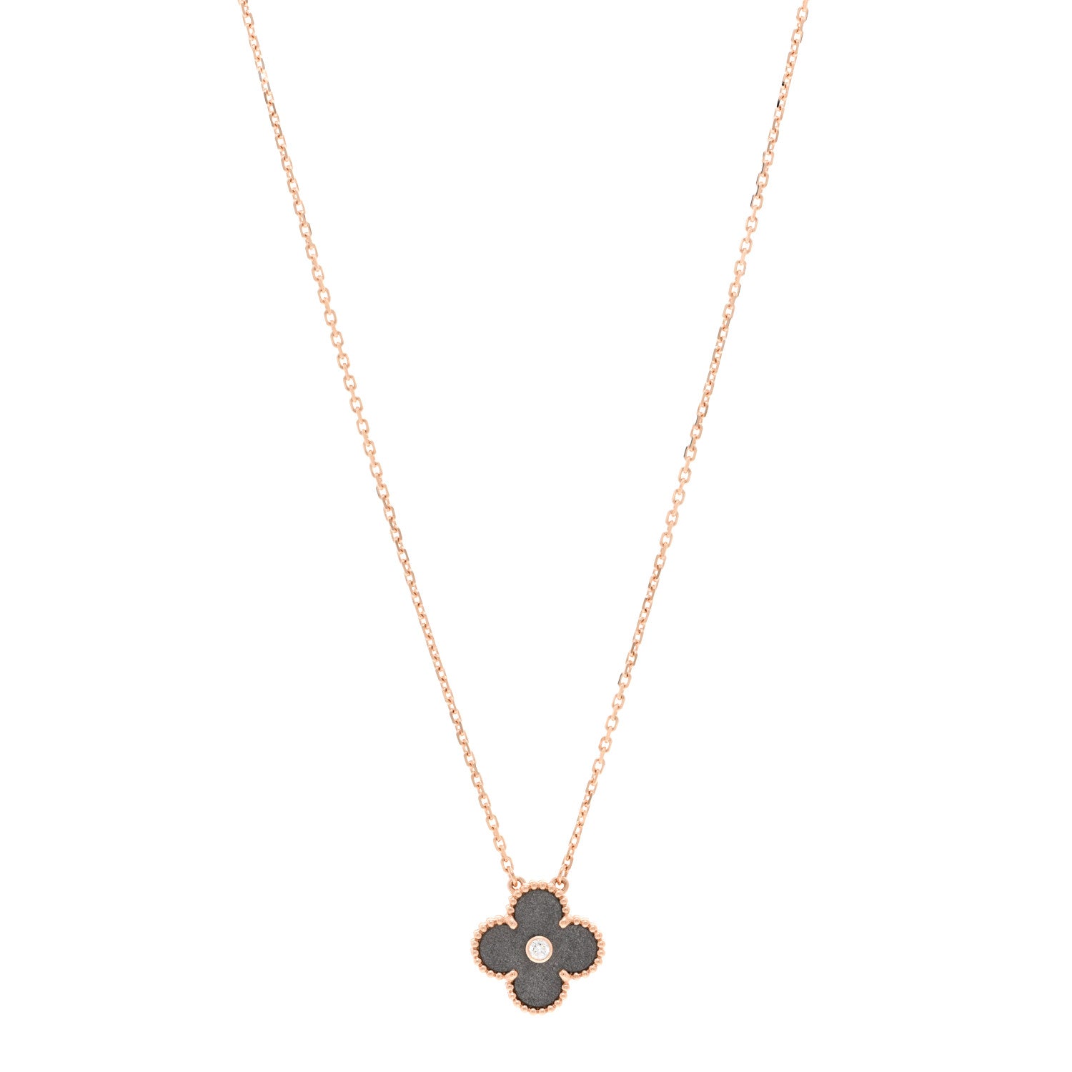 Van Cleef & Arpels 18K Rose Gold Diamond Silver Obsidian Vintage Alhambra Pendant Necklace 1 of 5