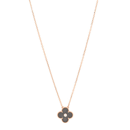 Van Cleef & Arpels 18K Rose Gold Diamond Silver Obsidian Vintage Alhambra Pendant Necklace 1 of 5