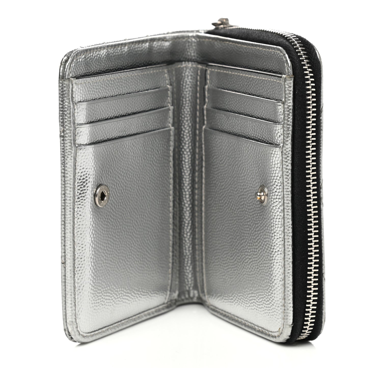 Metallic Grain De Poudre Matelasse Chevron Monogram Compact Zip Around Wallet Silver